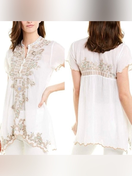 Johnny Was Tops - Johnny Was Monarch Embroidered Semi Sheer Tunic White & Teal Size Large